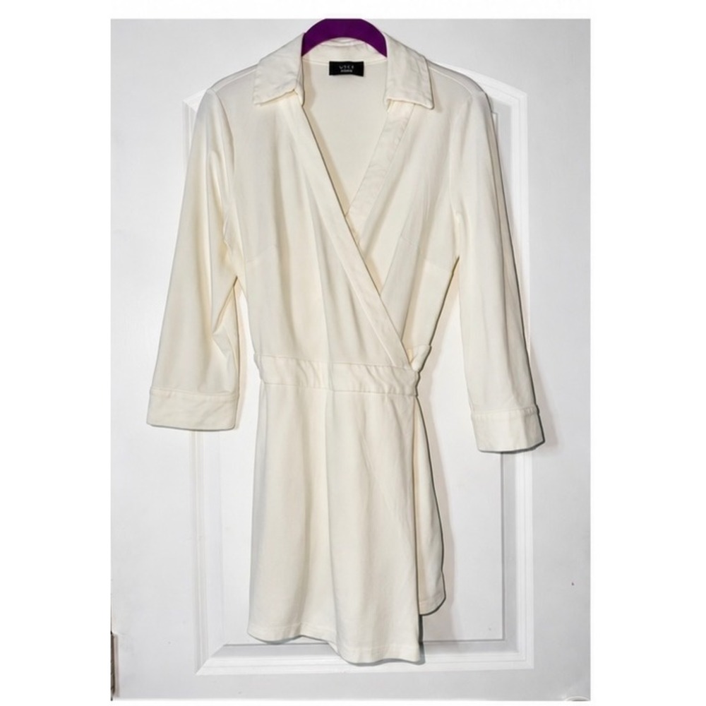 VICI Ivory Wrap Dress Medium Cream White Collared V Neck Tie Waist Long Sleeve